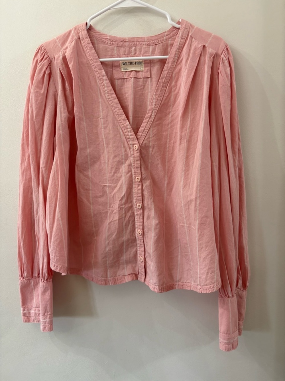 We The Free Dusty Pink Button-Front V-Neck Blouse - large - 100% cotton